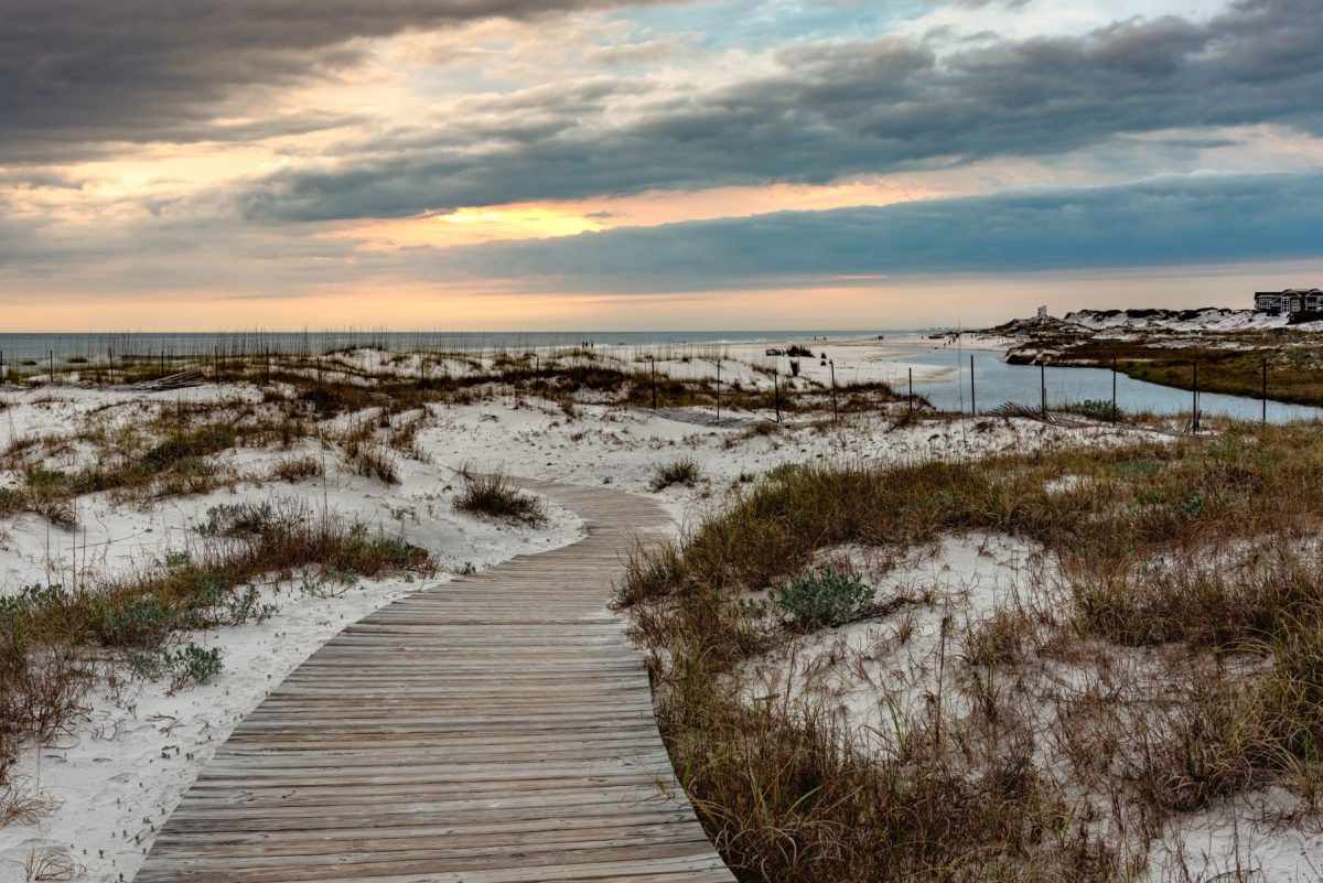 A winding deck in Rosemary Beach leading to the water